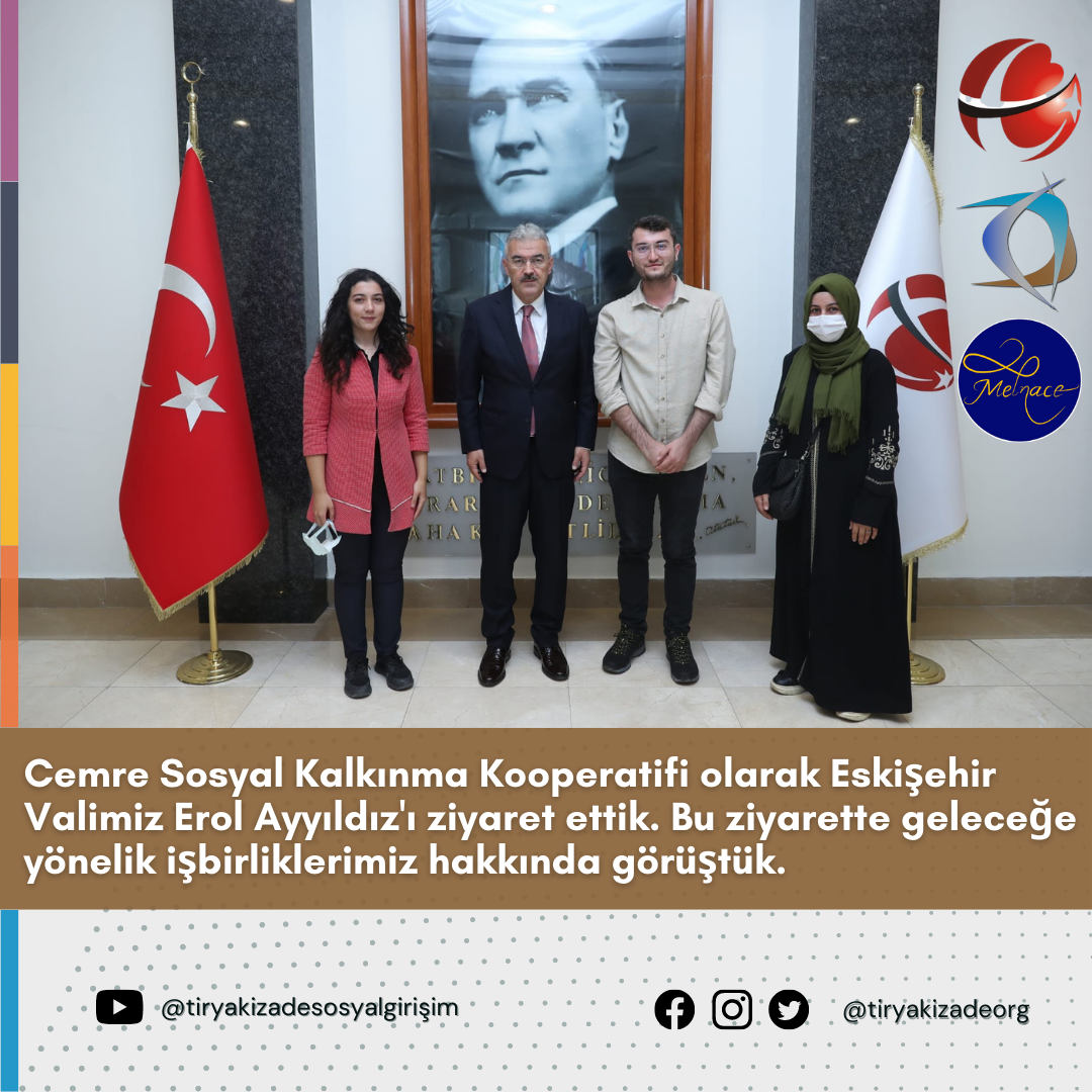 Cemre Sosyal Kalkınma Kooperatifi olarak Eskişehir Valimiz Erol Ayyıldız'ı ziyaret ettik. Bu ziyarette geleceğe yönelik işbirliklerimiz hakkında görüştük.